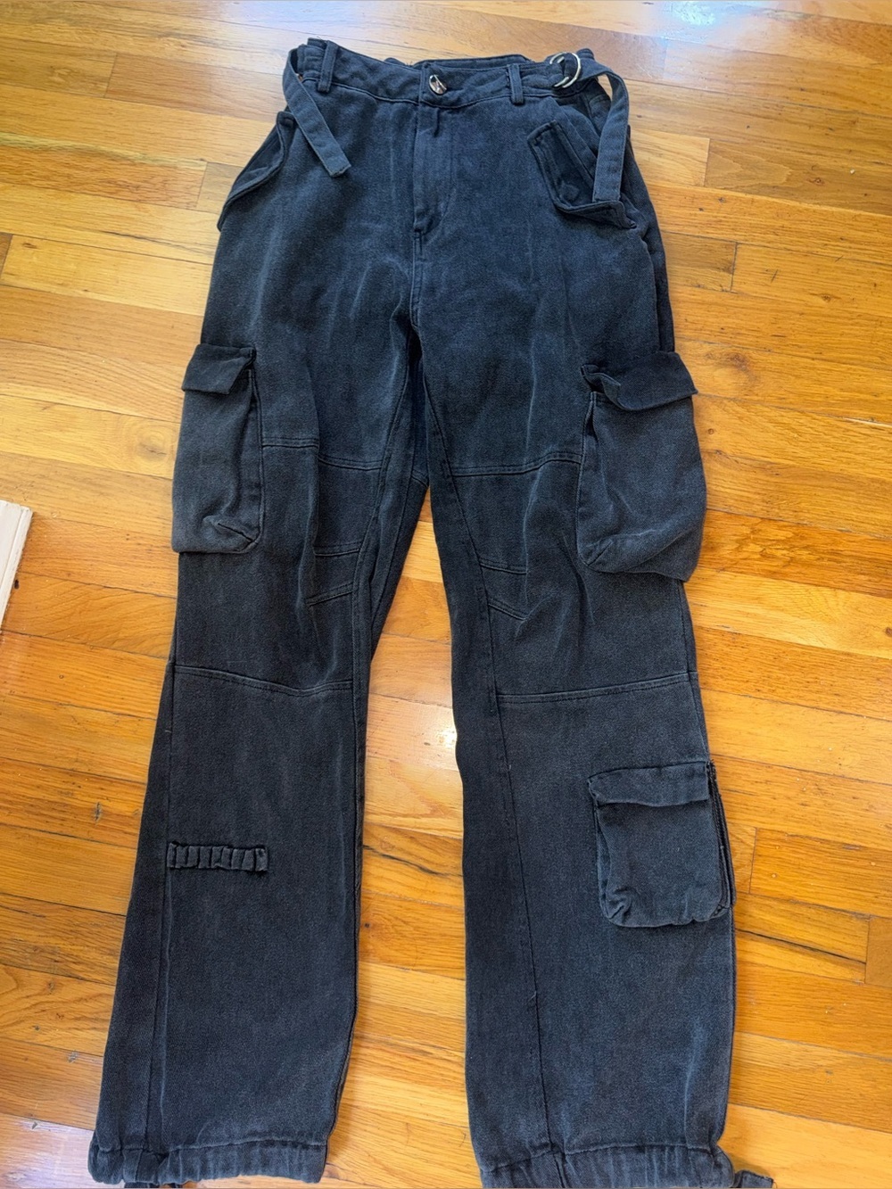 Manière De Voir Washed Black Denim Cargo Utility Pants D-Ring Belt UK6 US2 LN